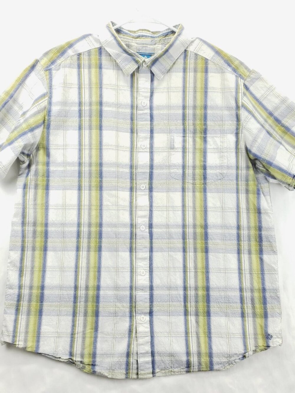 Columbia Shirt Mens 2XL Blue White Plaid Seersucker Short Sleeve Classic Button